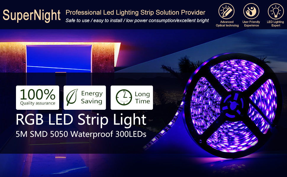 SUPERNIGHT 16.4ft 5050 RGB LED Strip Light Waterproof Black PCB 300 LED Color Changing Ribbon Lights