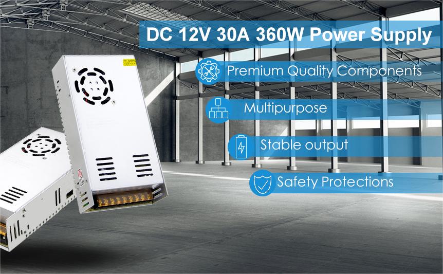 AC 110V/220V to DC 12V 30A 360W Switching Mode Power Supply Regulated Power Supply Transformer Adapter LED Driver for LED Strip, CCTV Camera System, Radio