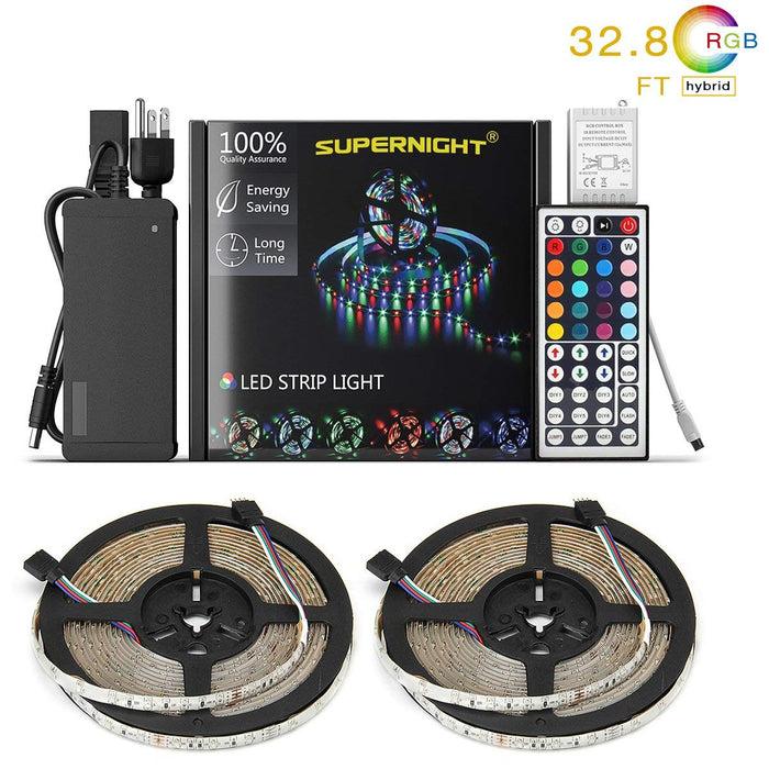 SUPERNIGHT LED Strip Lights Kit Waterproof ¨C TWO 16.4ft 600 LEDs SMD 3528 RGB Light with 44 Key Remote Controller, Extra Adhesive Tape, Flexible Changing Multi-Color Lighting Strips for TV, Room