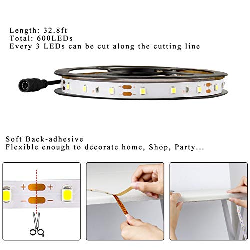 SUPERNIGHT Warm White Led Strip Lights 600 LEDs SMD 2835 Tape Light Kit with UL Power Supply and Dimmer 32.8ft Dimmable Led Light Strip for Home Kitchen TV