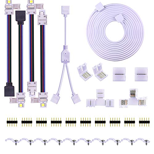 SUPERNIGHT LED Connector Kit for 10mm Wide RGBW Strip Lights 5Pin, Include 9.8FT Extension Cable, T Shape Connectors, 2 Port Splitter, Gapless Connectors, Strip to Power Jumper, Strip to Strip Jumper