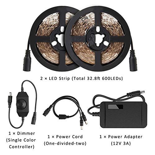 SUPERNIGHT Warm White Led Strip Lights 600 LEDs SMD 2835 Tape Light Kit with UL Power Supply and Dimmer 32.8ft Dimmable Led Light Strip for Home Kitchen TV