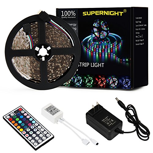 SUPERNIGHT 5M/16.4 Ft SMD 3528 RGB 300 LED Color Changing Kit with Flexible Strip Light+44 Key IR Remote Control+ Power Supply