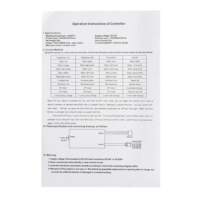 SUPERNIGHT 44 Key 2 Connectors Dual 4 Pin Connector Output IR Remote Controller 2A/Channel For RGB LED Light Strip