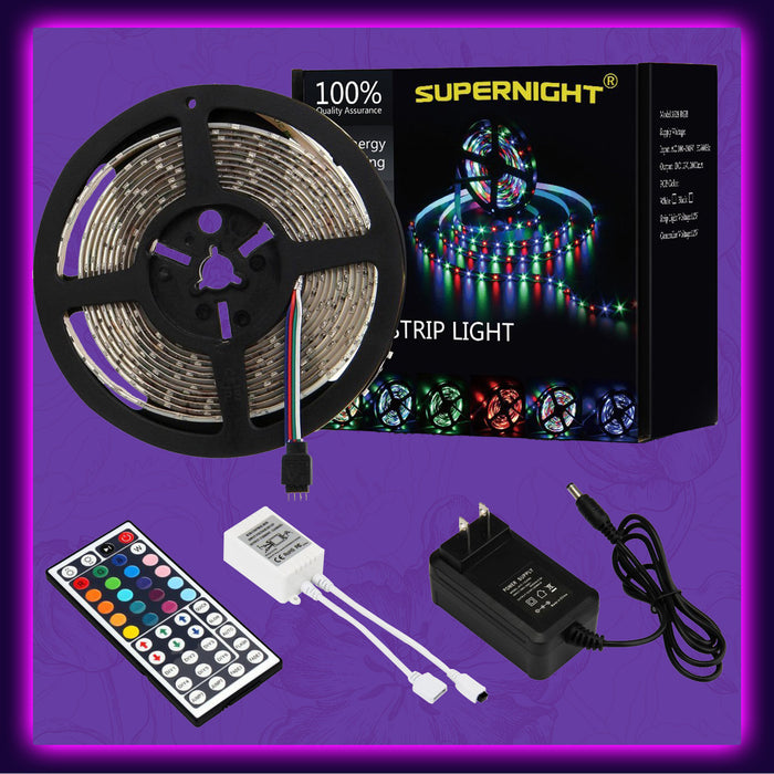 SUPERNIGHT 16.4FT 300leds Multi Color SMD 3528 RGB LED Light Strip, Waterproof Rope Lighting 12V Power Adapter Remote Controller Bedroom Home Party Wedding TV Backlight