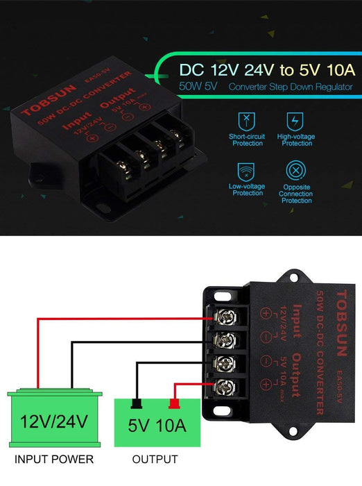 SUPERNIGHT DC 12V 24V to DC 5V 10A 50W Converter Regulator 5V 50W Power Supply Step Down Module Transformer