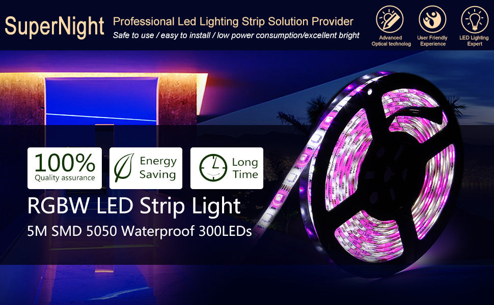 SUPERNIGHT 16.4ft 300leds RGBW (RGB+White) LED Light Strip Kit, Waterproof Color Changing Rope Lights, with 12V Power Adapter and  Remote Controller