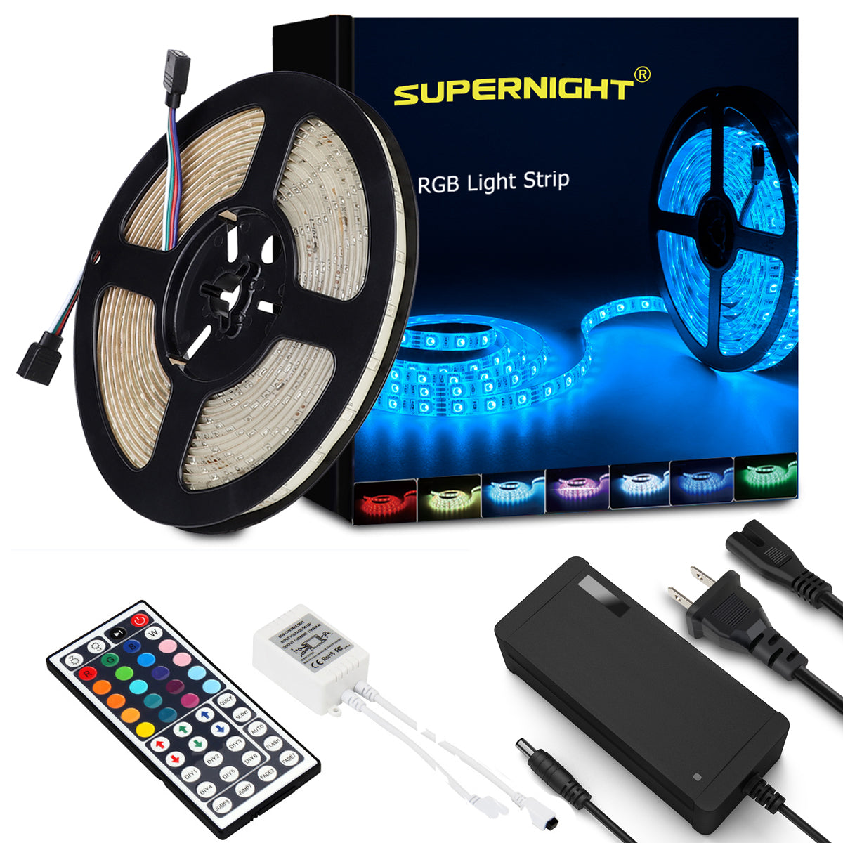 SUPERNIGHT LED Strip Lights, 16.4Ft RGB Color Changing SMD5050 300 LEDs Flexible Light Strip Waterproof Kit with 44 Key Remote Controller and 12V 5A Power Supply