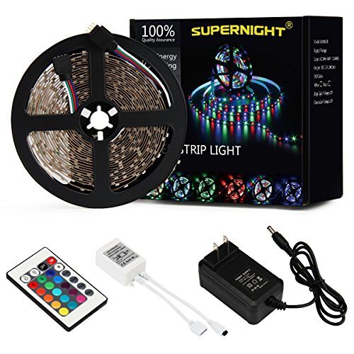 SUPERNIGHT 5M/16.4 Ft SMD 3528 RGB 300 LED Color Changing Kit with Flexible Strip Light+24 Key IR Remote Control+ Power Supply