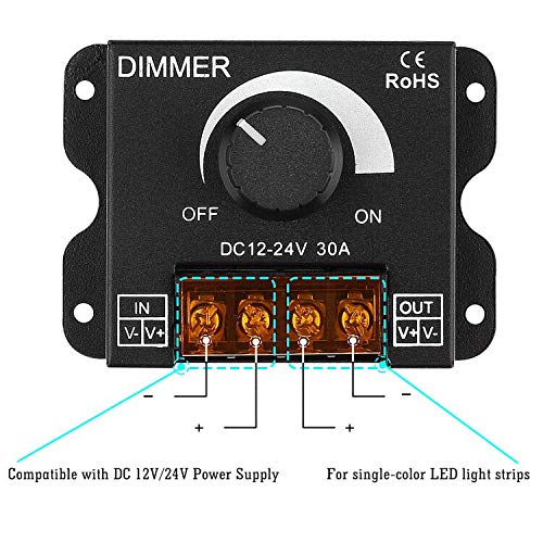 SUPERNIGHT LED Light Strip Dimmer, DC 12V-24V 30A PWM Dimming Controller for Dimmer Knob Adjust Brightness ON/OFF Switch with Aluminum Housing, Single Channel for 5050 3538 Single Color Tape