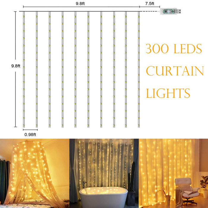 SUPERNIGHT LED Curtain Lights, Newest Window Curtain Twinkle Lights Warm White for Bedroom, Wedding, Parties, Christmas and Decorations (9.8 x 9.8 ft, 300LEDs, 8 Modes)