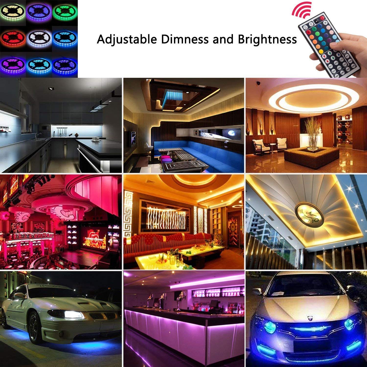 SUPERNIGHT LED Strip Lights, 16.4Ft RGB Color Changing SMD5050 300 LEDs Flexible Light Strip Waterproof Kit with 44 Key Remote Controller and 12V 5A Power Supply