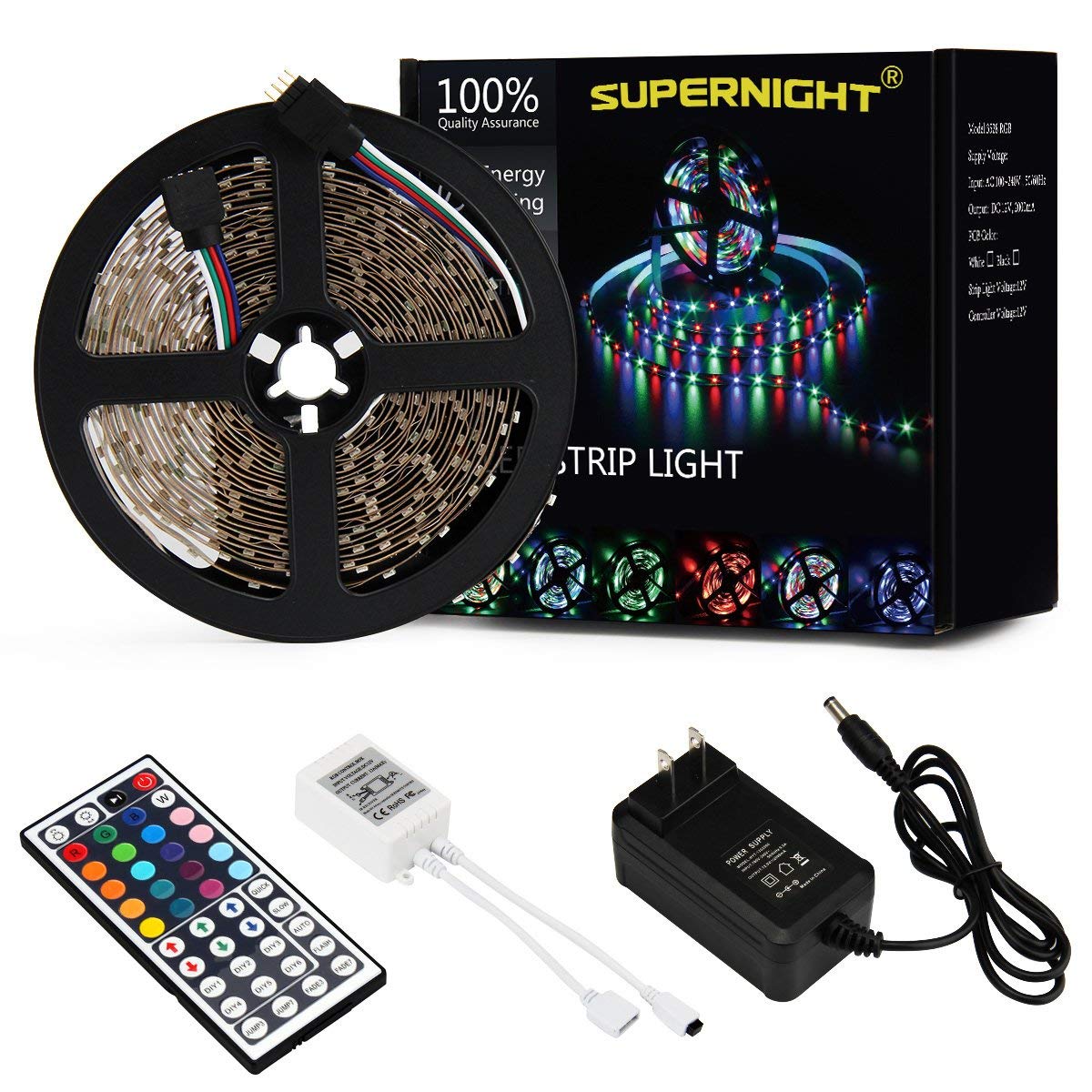 SUPERNIGHT 16.4Ft RGB 3528 SMD 300LEDs Strip Lights Kit Non-waterproof, with 12V 3A Power Supply and 44 Key IR Remote Controller