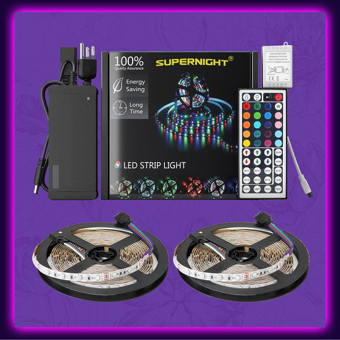SUPERNIGHT 32.8Ft RGB 3528 SMD 600LEDs Strip Light Kit Non-waterproof, with 12V 5A Power Supply and 44 Key Remote Controller