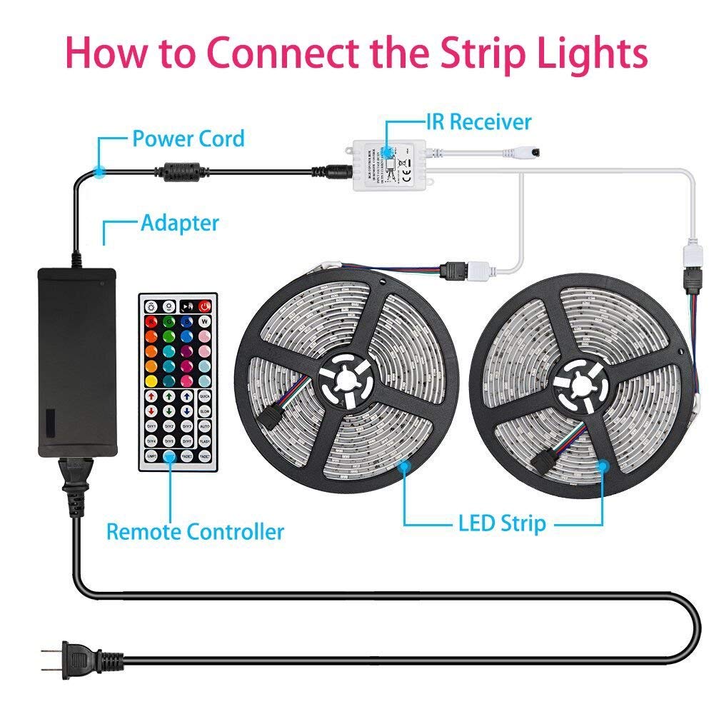 SUPERNIGHT LED Strip Lights Kit Waterproof ¨C TWO 16.4ft 600 LEDs SMD 3528 RGB Light with 44 Key Remote Controller, Extra Adhesive Tape, Flexible Changing Multi-Color Lighting Strips for TV, Room