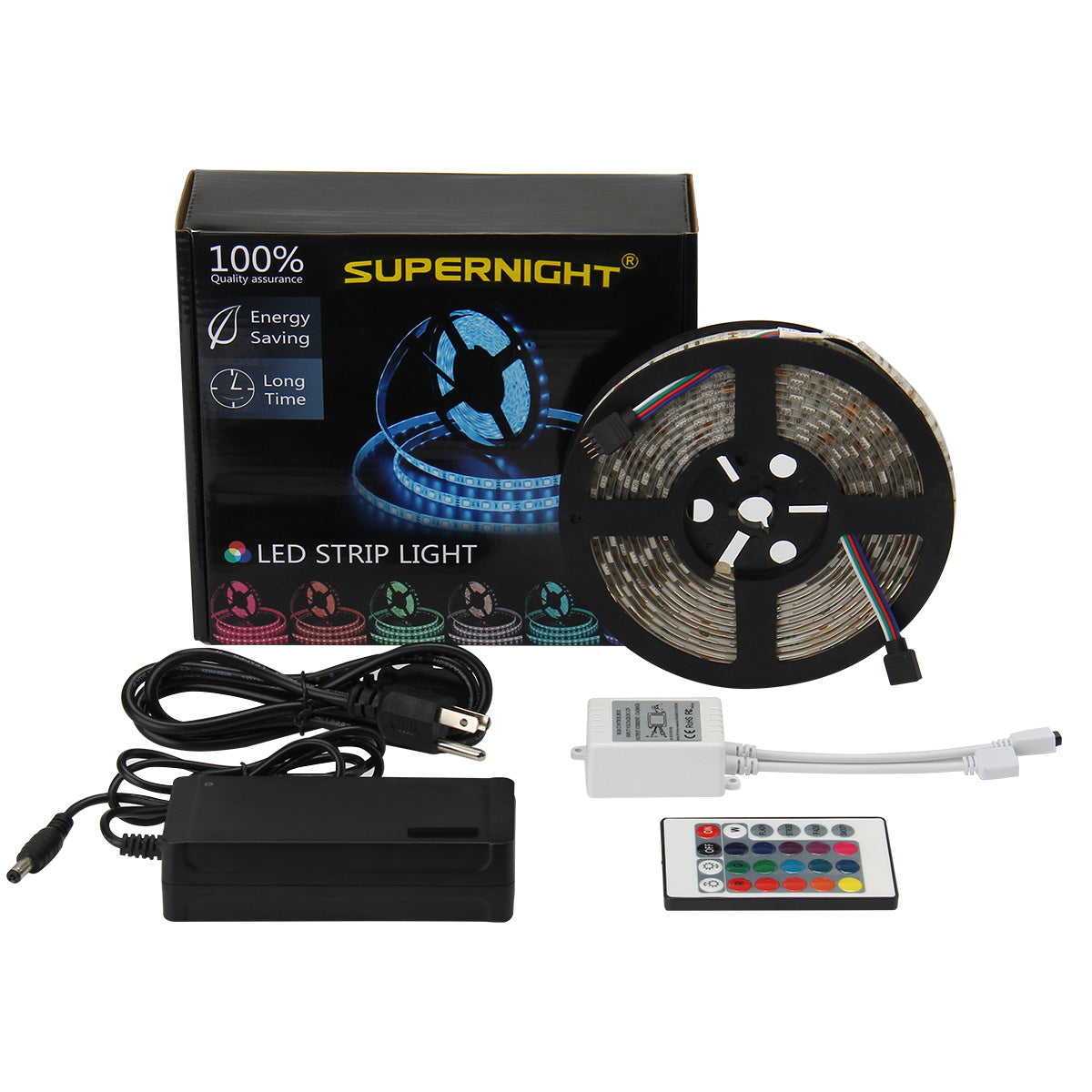 SUPERNIGHT 16.4ft 5M Waterproof Flexible 300leds Color Changing RGB SMD5050 LED Light Strip Kit RGB 5M +24Key Remote+12V Power Supply