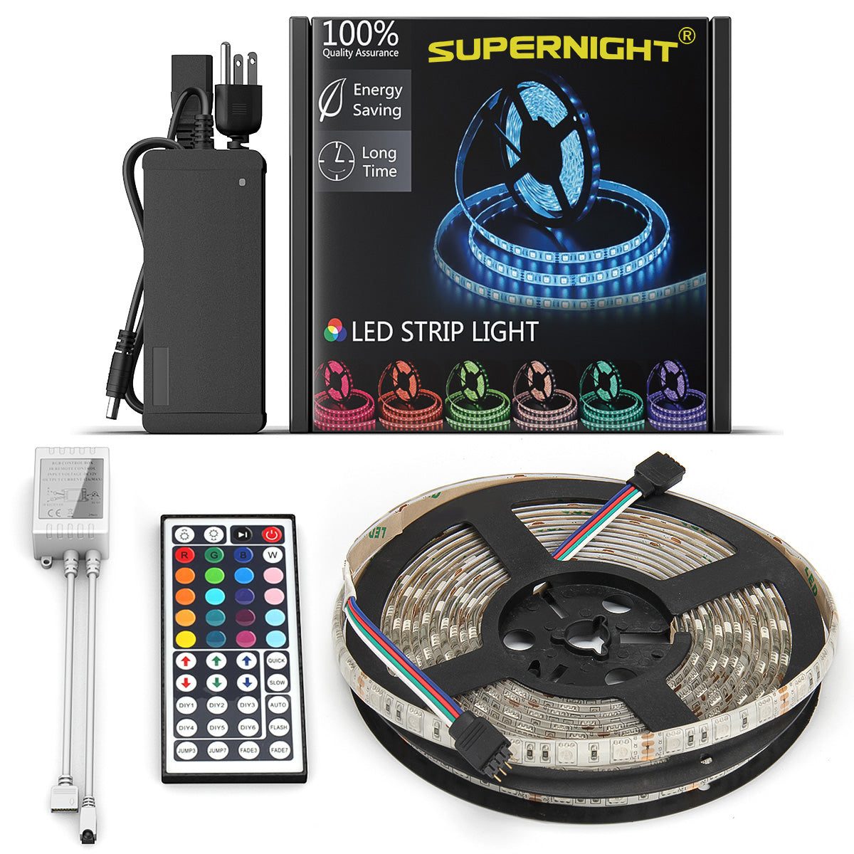SUPERNIGHT 16.4Ft Waterproof Flexible Color Changing RGB SMD5050 300 LEDs Light Strip Kit with 44 Key Remote and 12V 5A Power Supply